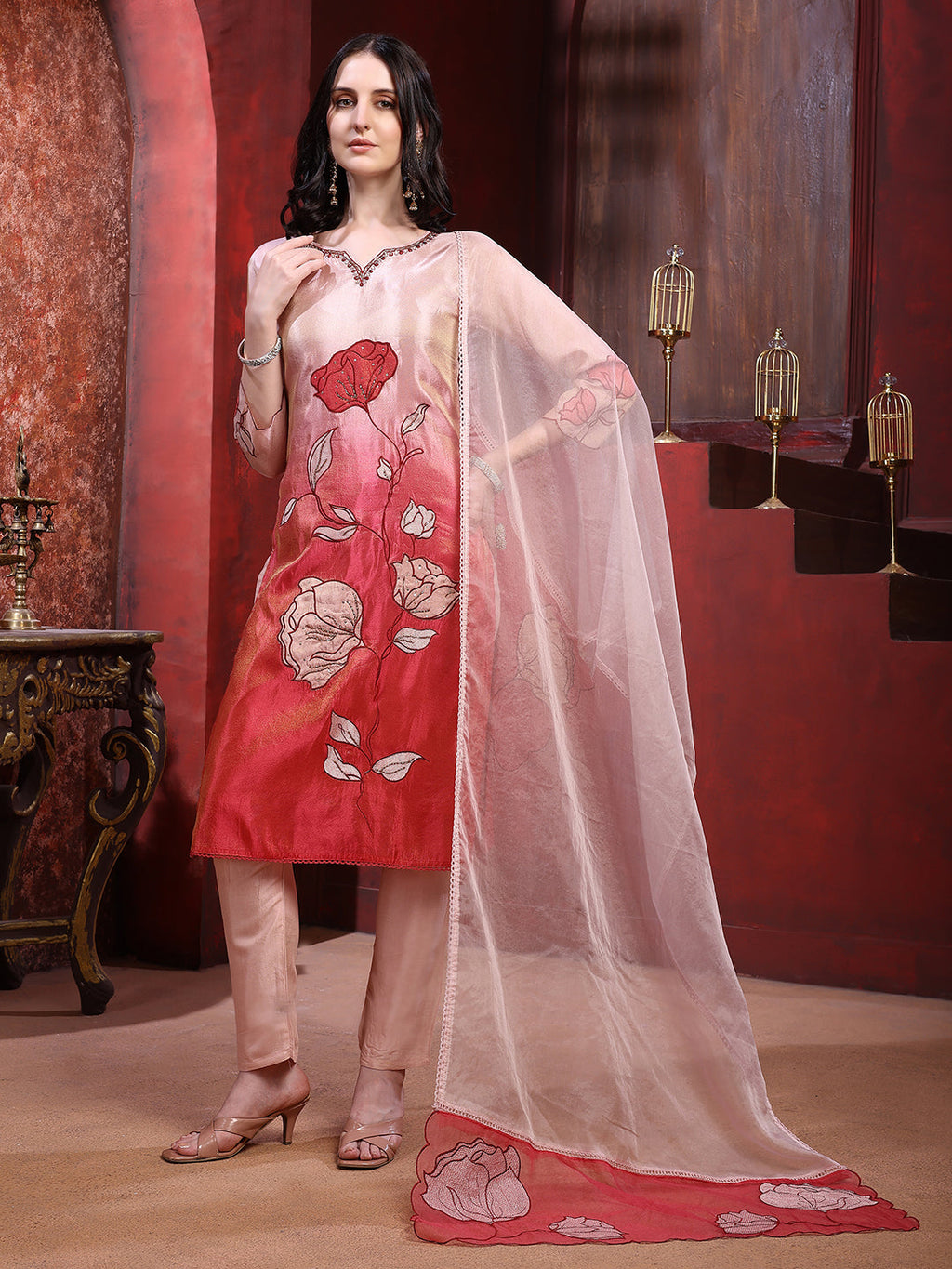 Hand & Pacement Floral Embroidered Kurta With Pant & Embroidered Dupatta, Pink - Hiral Fashion | Grocsy