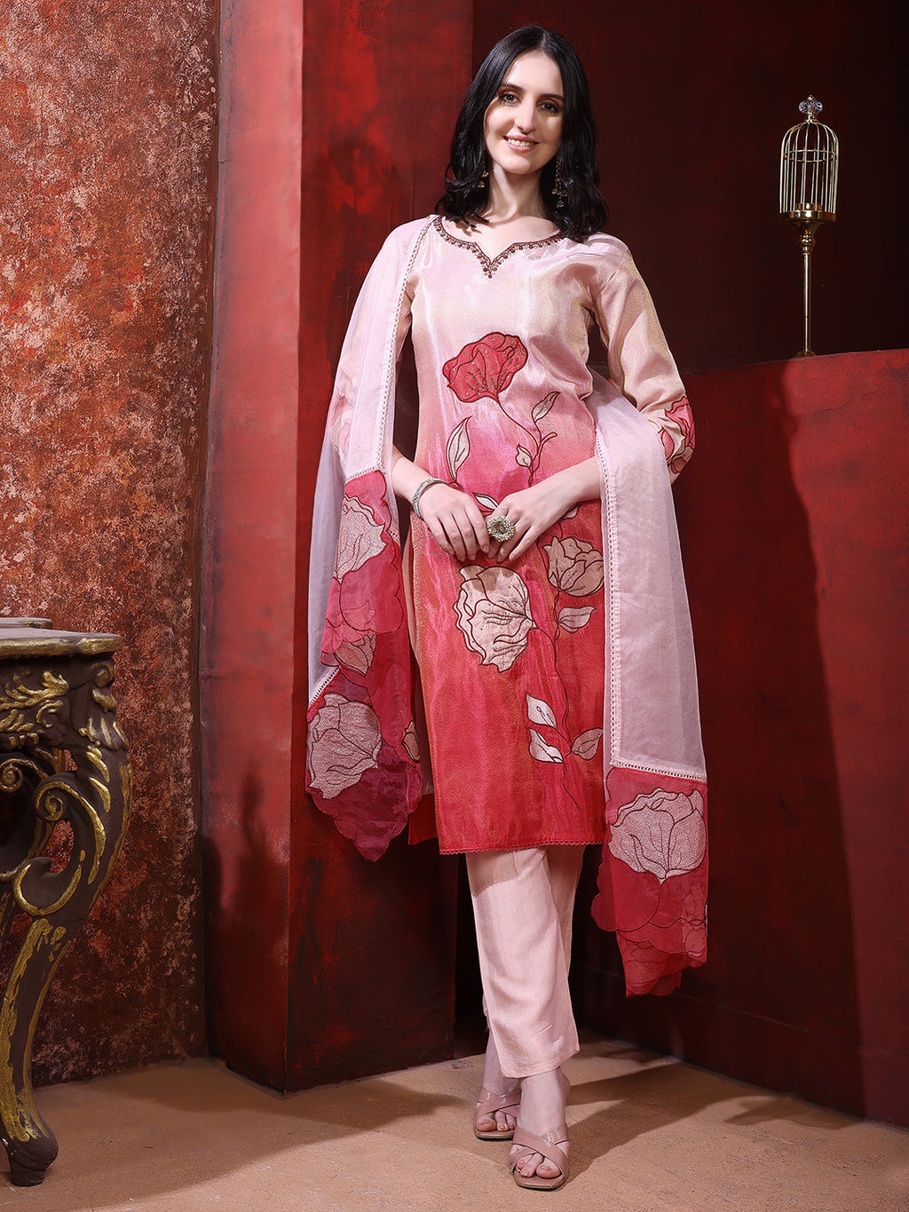 Hand & Pacement Floral Embroidered Kurta With Pant & Embroidered Dupatta, Pink - Hiral Fashion | Grocsy