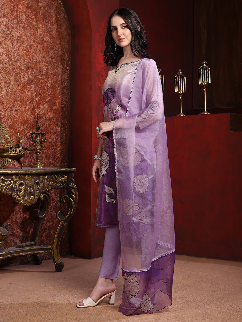 Hand & Pacement Floral Embroidered Kurta With Pant & Embroidered Dupatta, Purple - Hiral Fashion | Grocsy