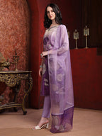 Hand & Pacement Floral Embroidered Kurta With Pant & Embroidered Dupatta, Purple - Hiral Fashion | Grocsy