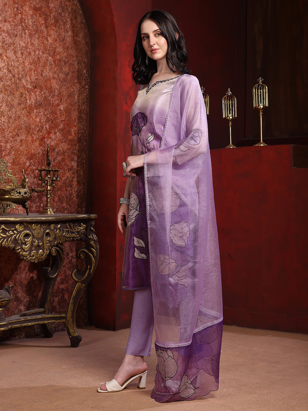 Hand & Pacement Floral Embroidered Kurta With Pant & Embroidered Dupatta, Purple - Hiral Fashion | Grocsy