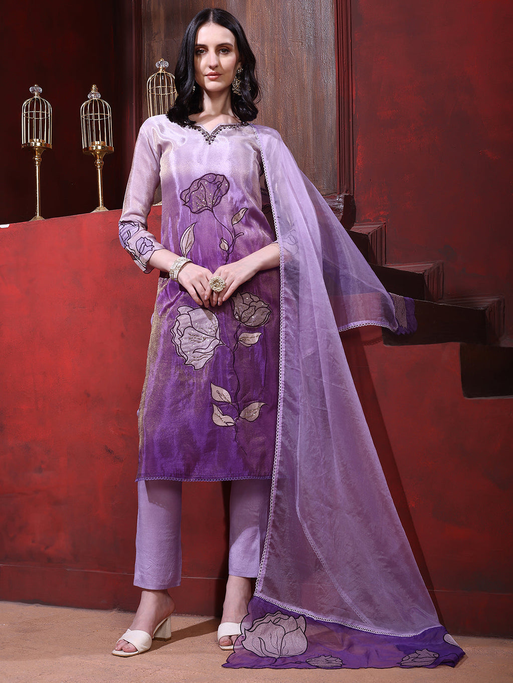Hand & Pacement Floral Embroidered Kurta With Pant & Embroidered Dupatta, Purple - Hiral Fashion | Grocsy