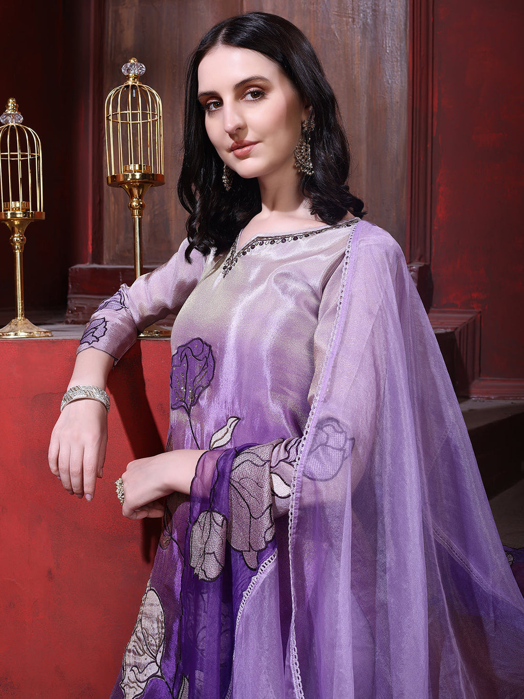 Hand & Pacement Floral Embroidered Kurta With Pant & Embroidered Dupatta, Purple - Hiral Fashion | Grocsy