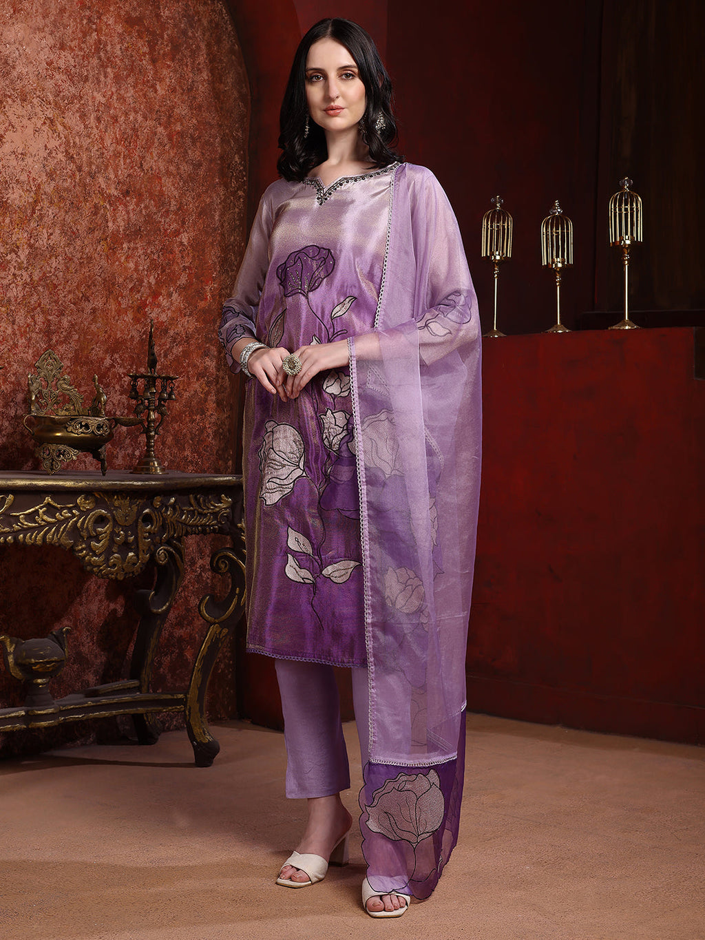 Hand & Pacement Floral Embroidered Kurta With Pant & Embroidered Dupatta, Purple - Hiral Fashion | Grocsy
