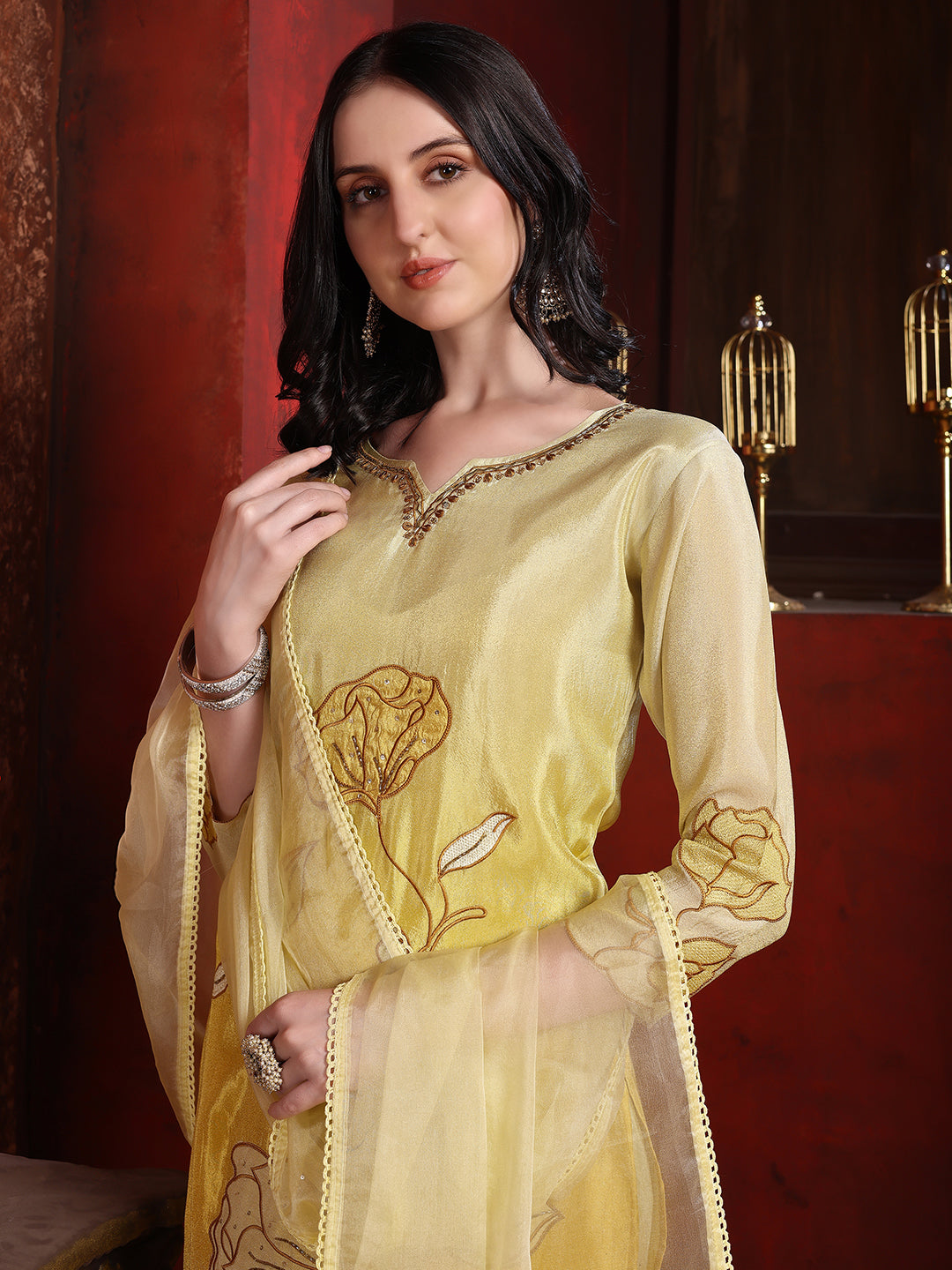 Hand & Pacement Floral Embroidered Kurta With Pant & Embroidered Dupatta, Yellow - Hiral Fashion | Grocsy