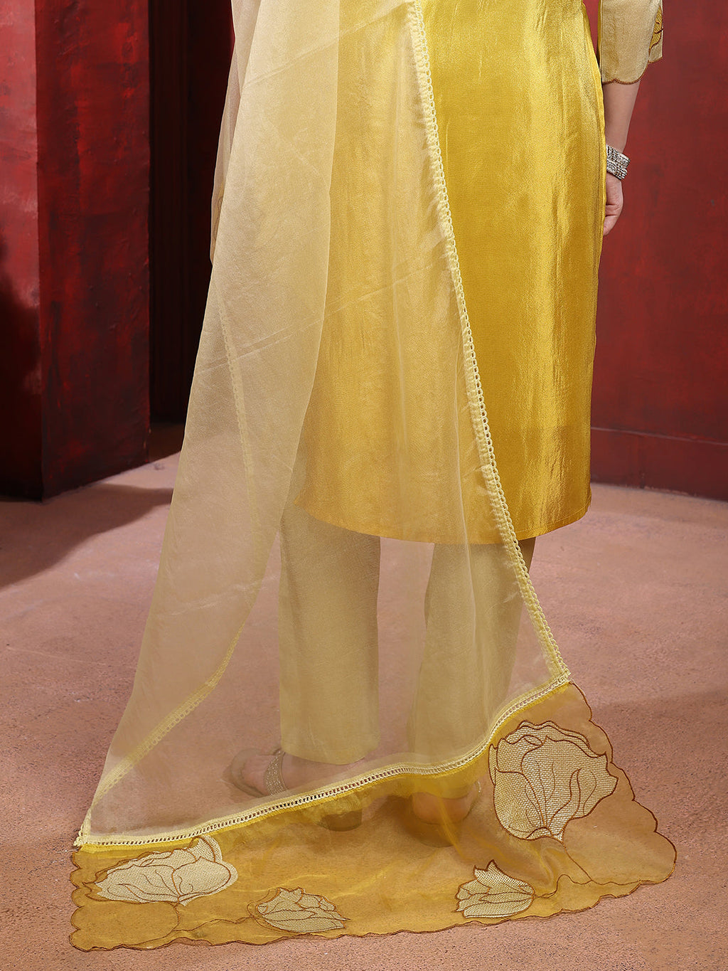 Hand & Pacement Floral Embroidered Kurta With Pant & Embroidered Dupatta, Yellow - Hiral Fashion | Grocsy