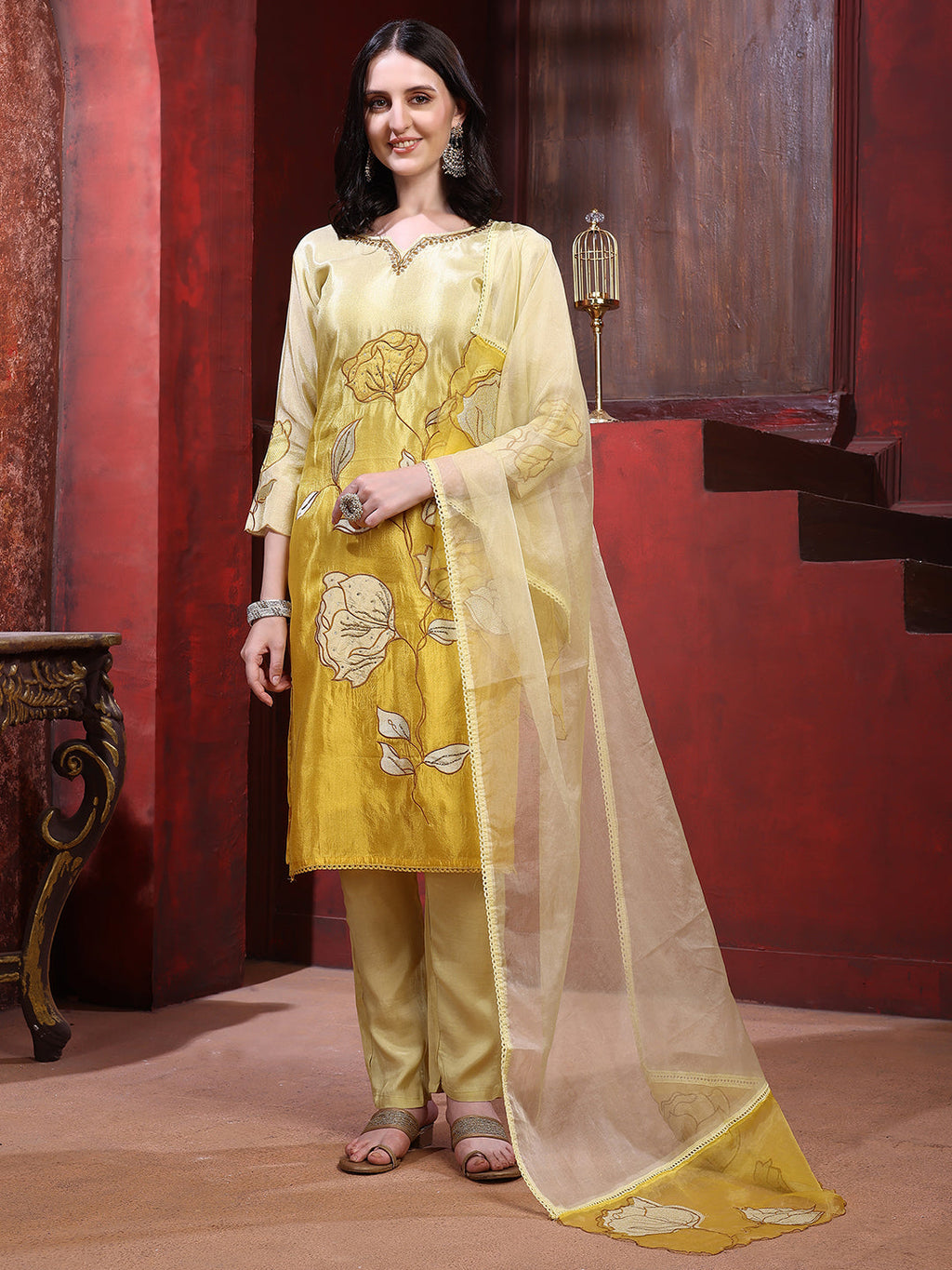 Hand & Pacement Floral Embroidered Kurta With Pant & Embroidered Dupatta, Yellow - Hiral Fashion | Grocsy