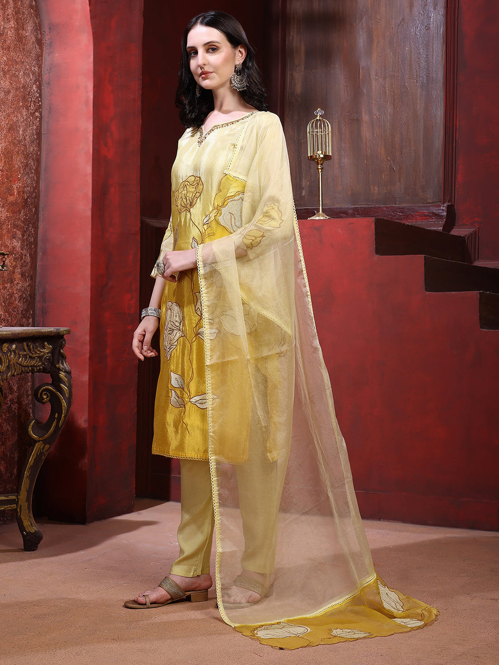 Hand & Pacement Floral Embroidered Kurta With Pant & Embroidered Dupatta, Yellow - Hiral Fashion | Grocsy