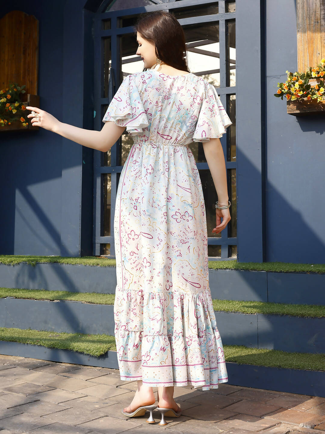 Off white Rayon Foil Printed Long Dress - Michan | Grocsy