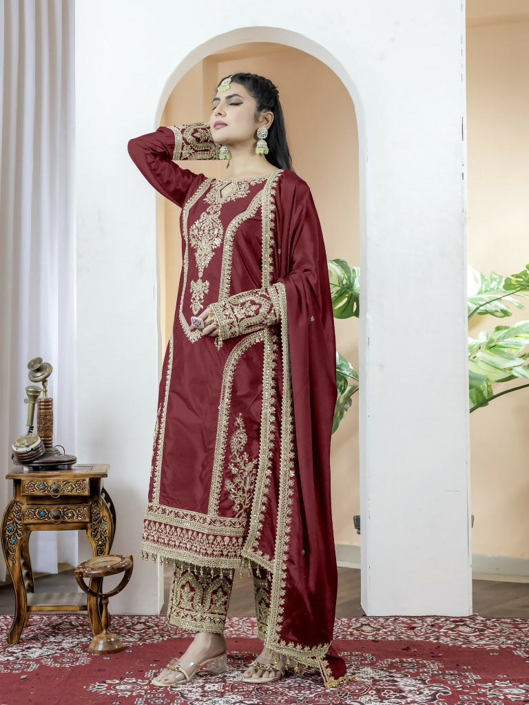 Teeya Creation Maroon Color Chinnon Silk Embroidery Work Fully Stitched Salwar Suit | Grocsy