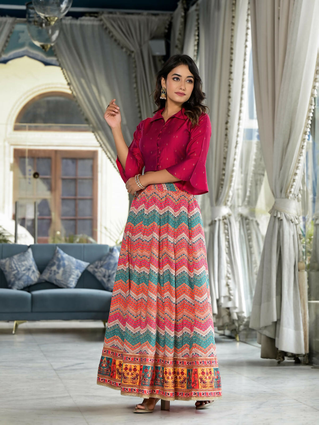 Juniper Women's Multi Ethnic Motif Printed Cotton Crop Top And Skirt With Lace & Button Detail | Grocsy