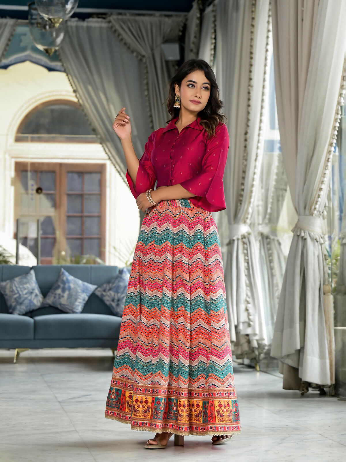 Juniper Women's Multi Ethnic Motif Printed Cotton Crop Top And Skirt With Lace & Button Detail | Grocsy