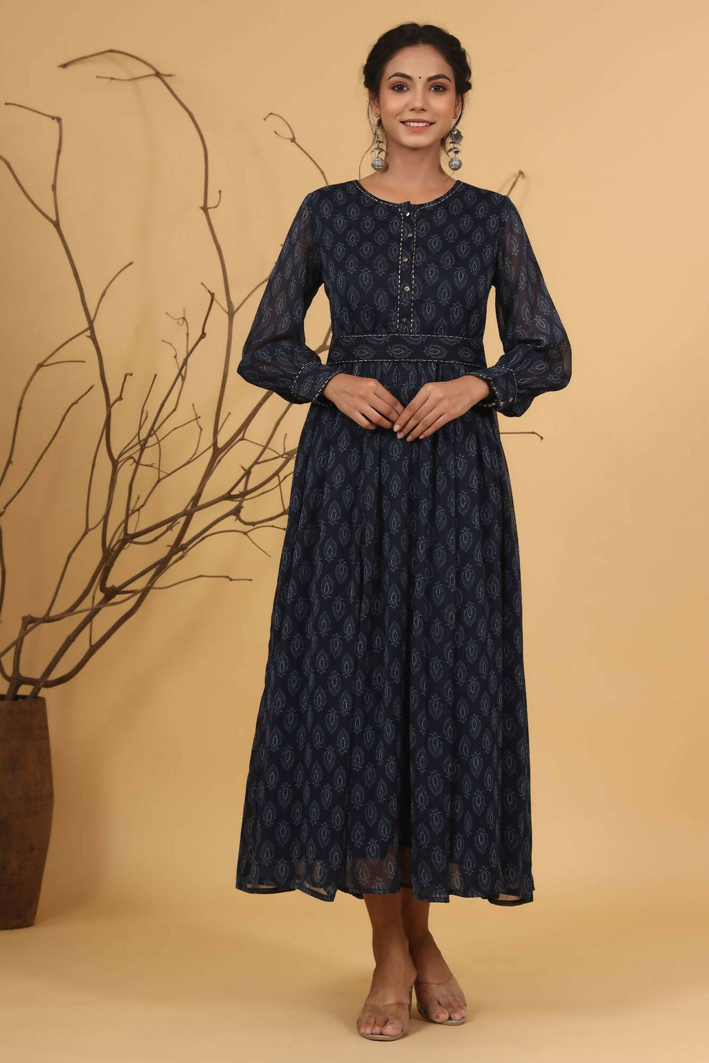 Juniper Women Navy Chiffon Printed Flared Dress | Grocsy