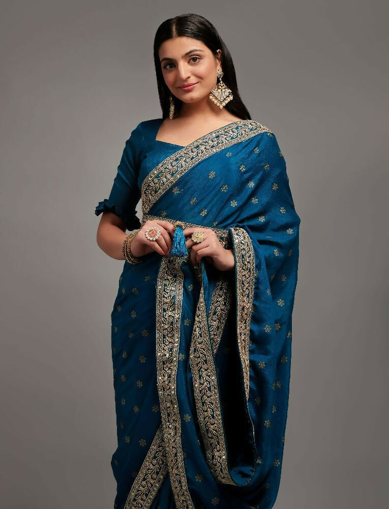 PR Fashion Petrol Chinon Embroidery Lace Saree | Grocsy
