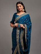 PR Fashion Petrol Chinon Embroidery Lace Saree | Grocsy