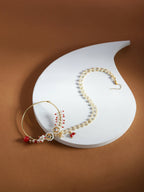 Gold-Polished White Red Kundan Studded Beaded Chained Nose Ring - Ruby Raang | Grocsy