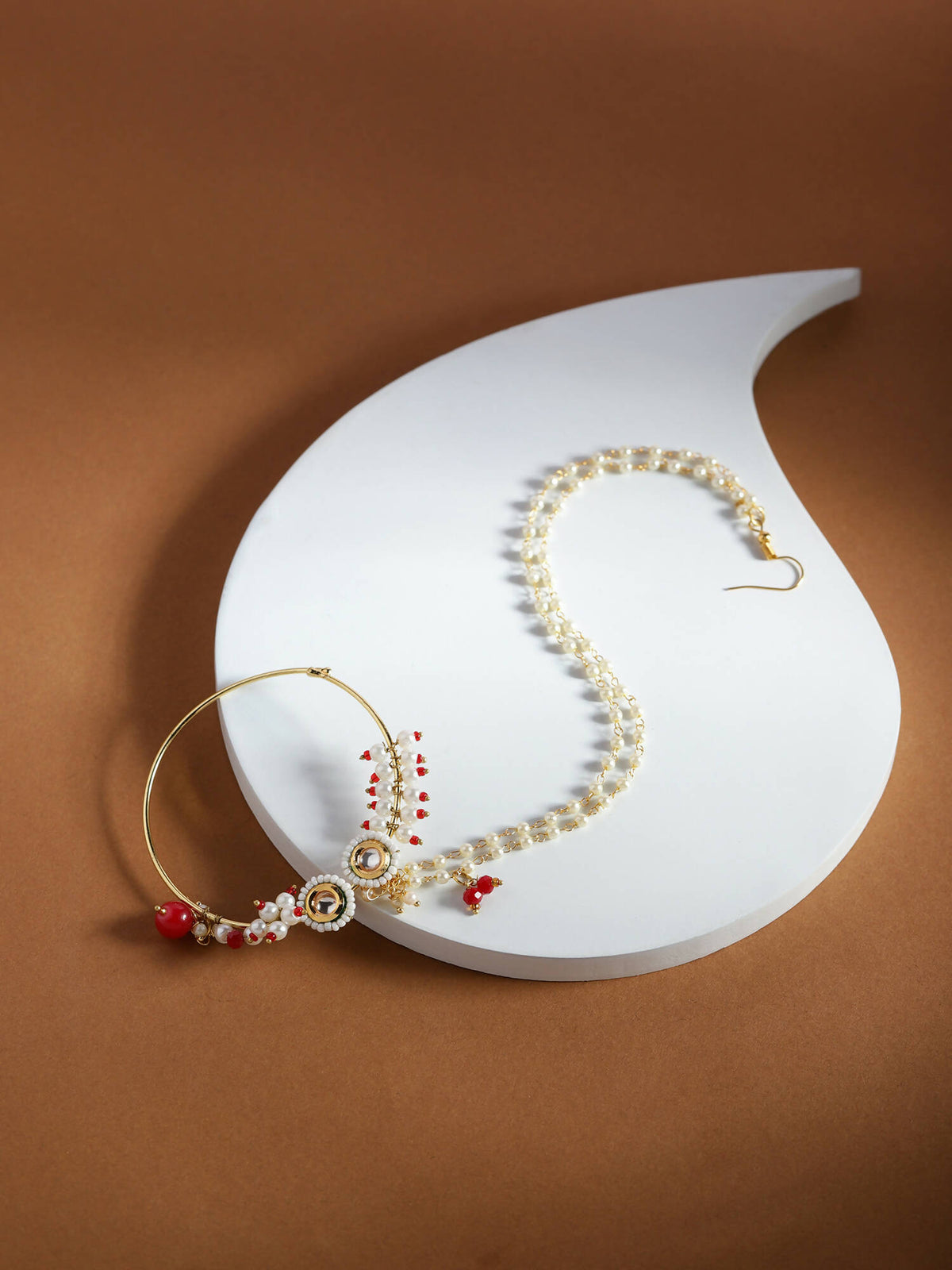 Gold-Polished White Red Kundan Studded Beaded Chained Nose Ring - Ruby Raang | Grocsy