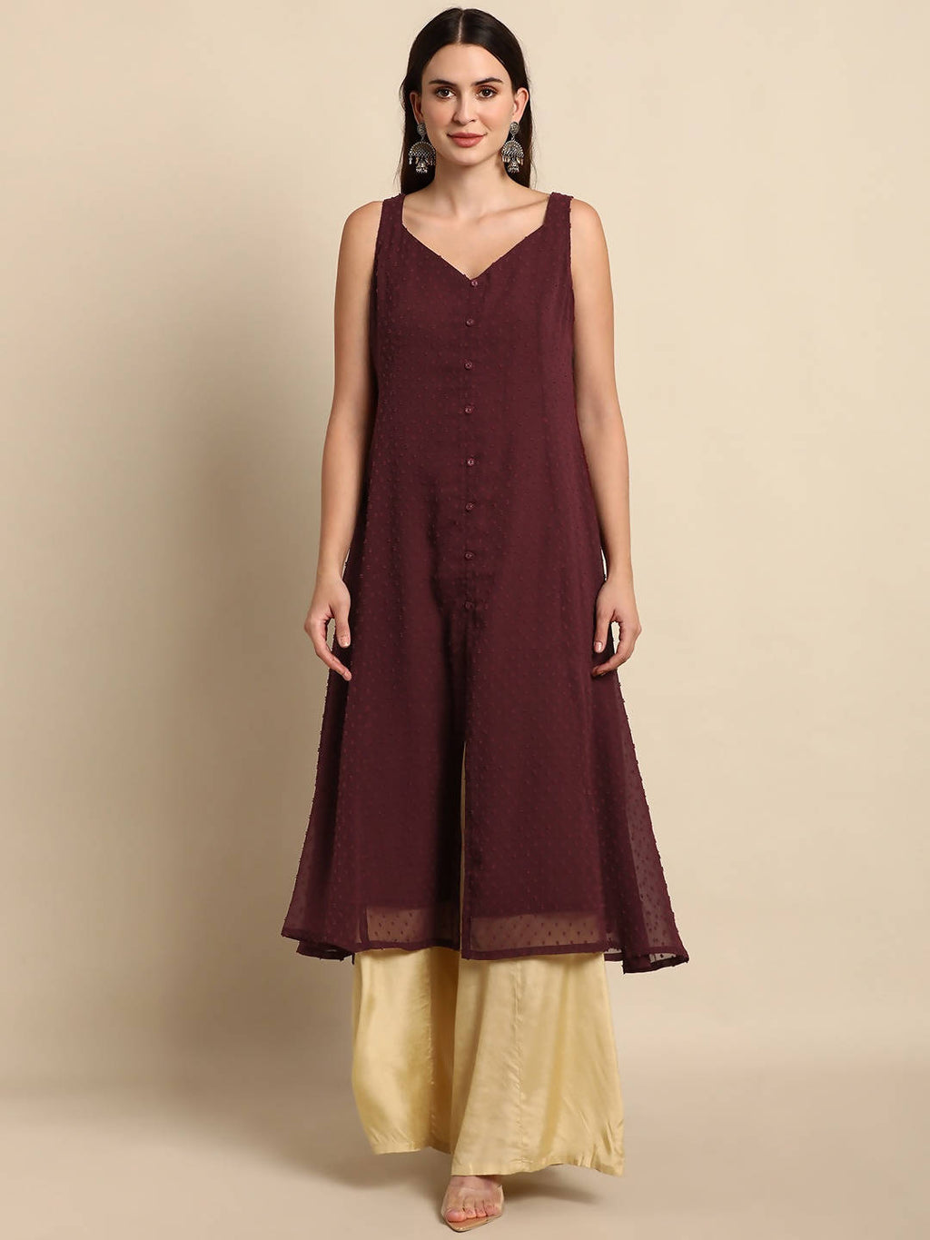 Janasya Women Maroon Poly Chiffon Dobby Weave Kurta | Grocsy