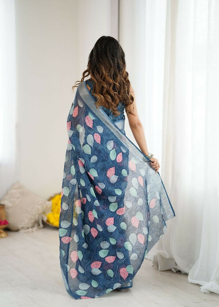 PR Fashion Dark_Blue Linen Patta Printed Saree | Grocsy