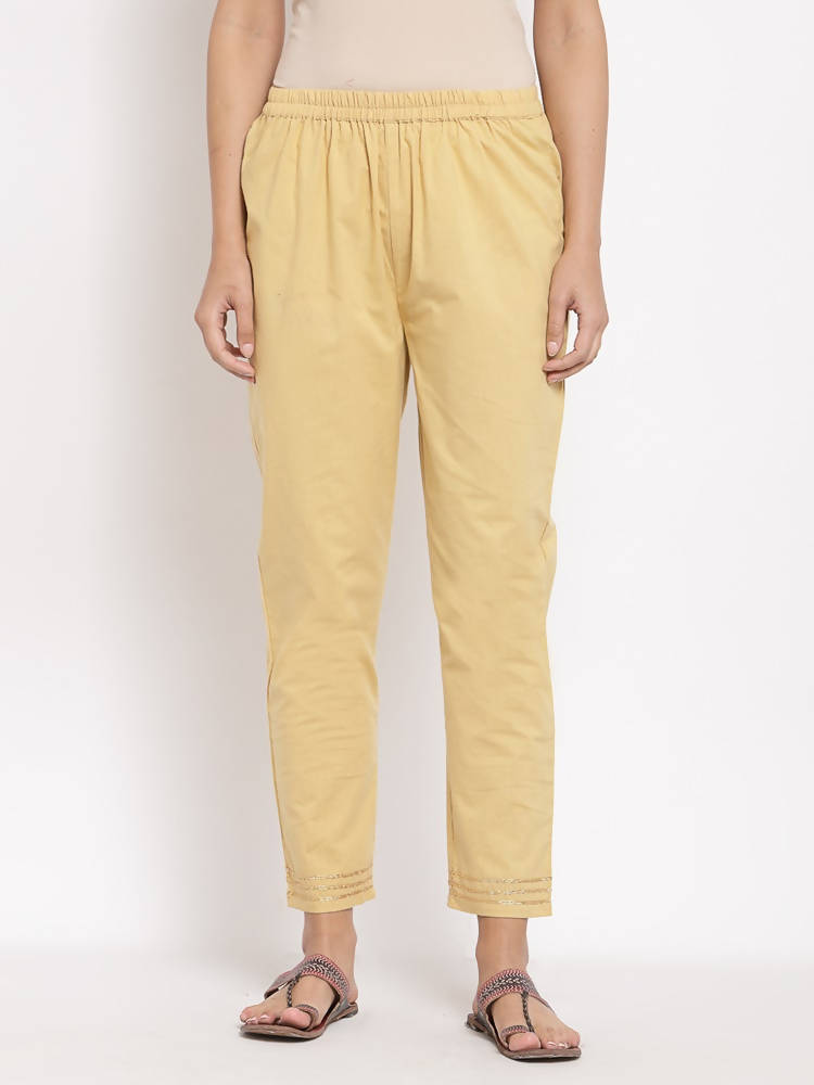 Myshka Women's Cream Cotton Solid Casual Trouser | Grocsy