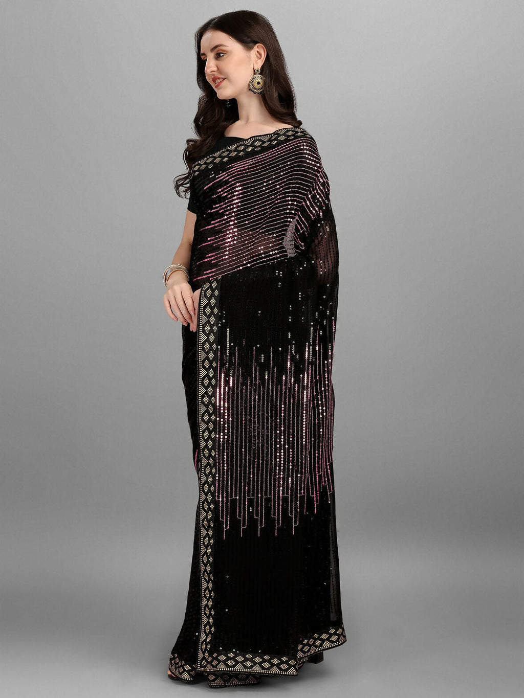 Vegaa Fashion Black Georgette Embroidered Party Wear Saree | Grocsy