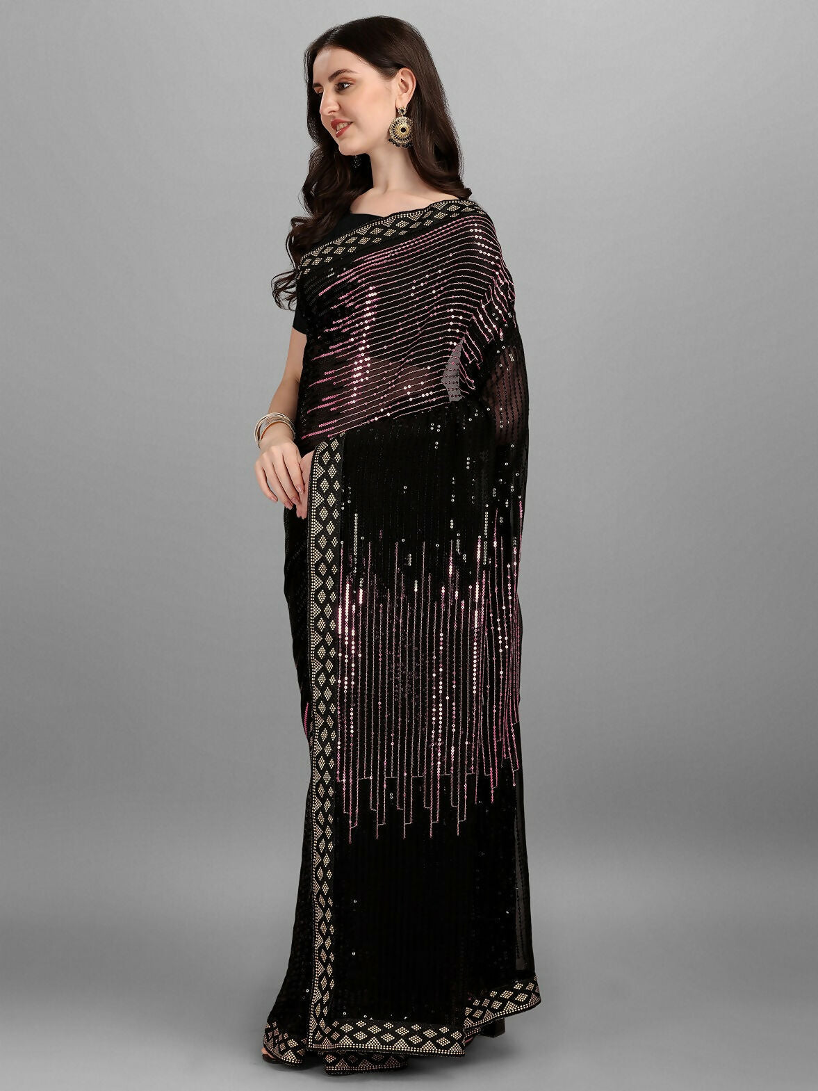 Vegaa Fashion Black Georgette Embroidered Party Wear Saree | Grocsy