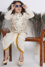 Little Bansi Banarsi Silk Pink Blue Floral Embroidery Jacket With Cotton Kantha kurta And Kantha Dhoti - Cream | Grocsy