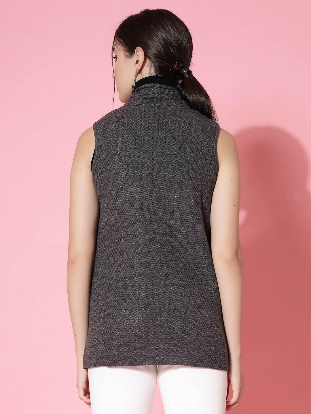 Women Charcoal Acrylic Self Design Winter Cardigan - Wool Trees | Grocsy