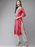 Yufta Women Pink Bandhani Printed Panelled Gotta Patti Kurta with Palazzo & With Dupatta | Grocsy