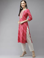 Yufta Women Pink Bandhani Printed Panelled Gotta Patti Kurta with Palazzo & With Dupatta | Grocsy