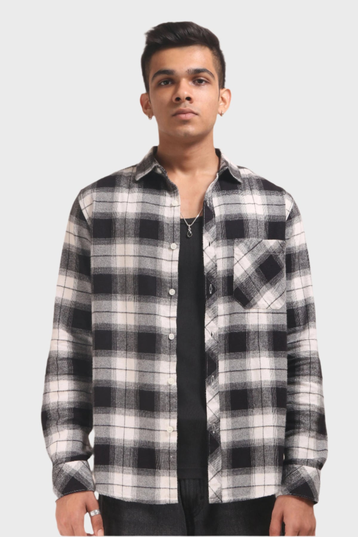 Xkind Black Flannel Checks Regular Fit Shirt | Grocsy