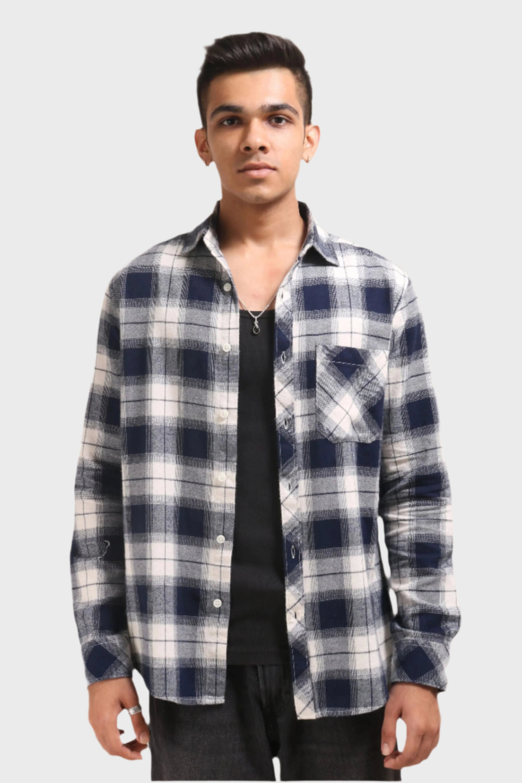 Xkind Men's Navy Blue Flannel Checks Regular Fit Shirt | Grocsy