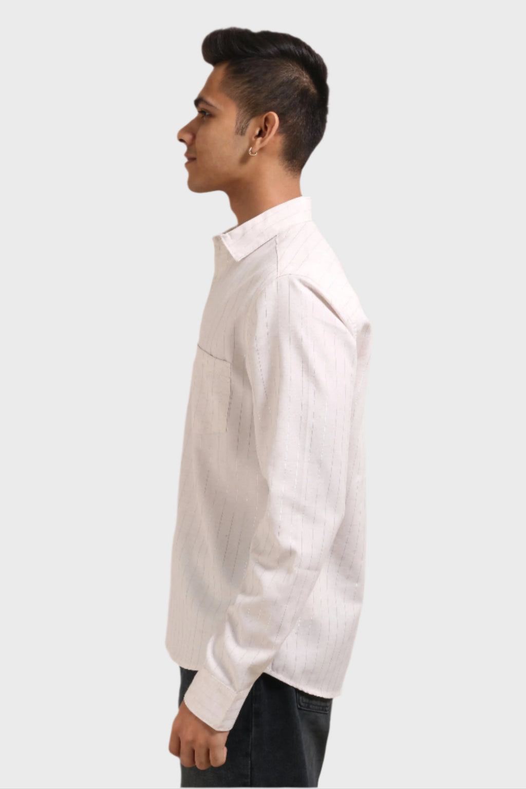 Xkind Off White Silver Stripes Regular Fit Shirt | Grocsy