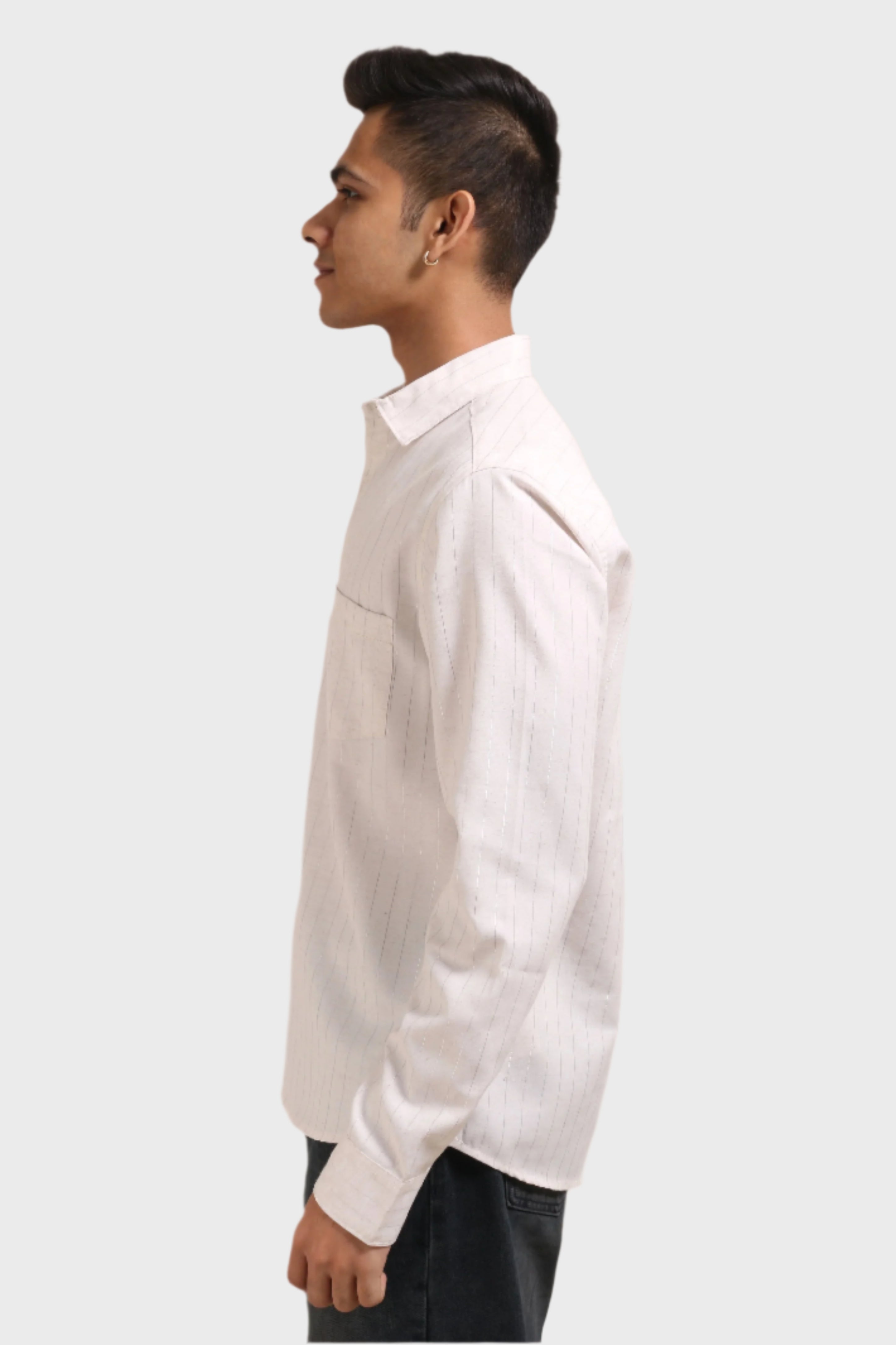Xkind Off White Silver Stripes Regular Fit Shirt | Grocsy