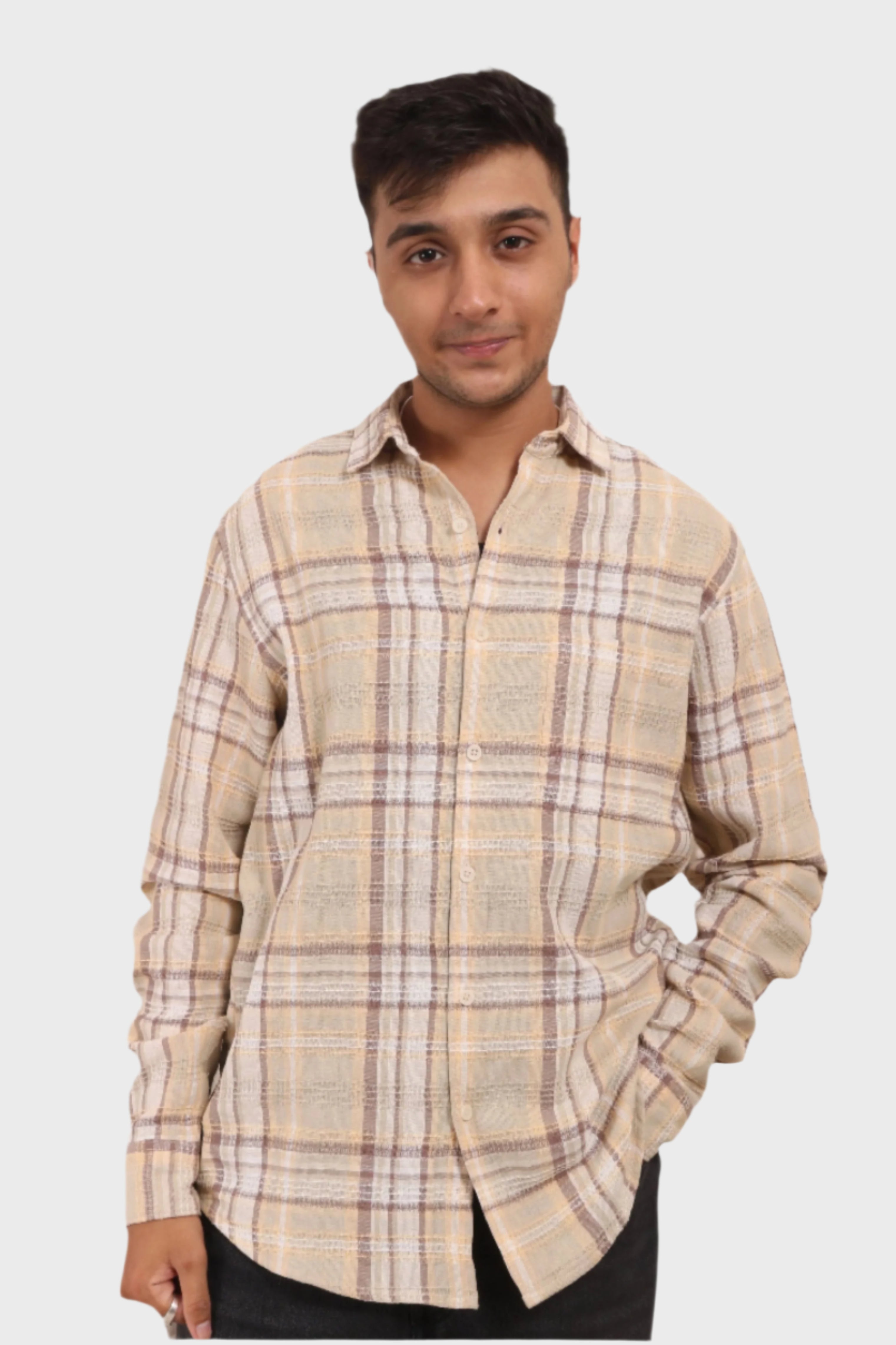 Xkind Mens'S Ochre Textured Checks Regular Fit Shirt | Grocsy