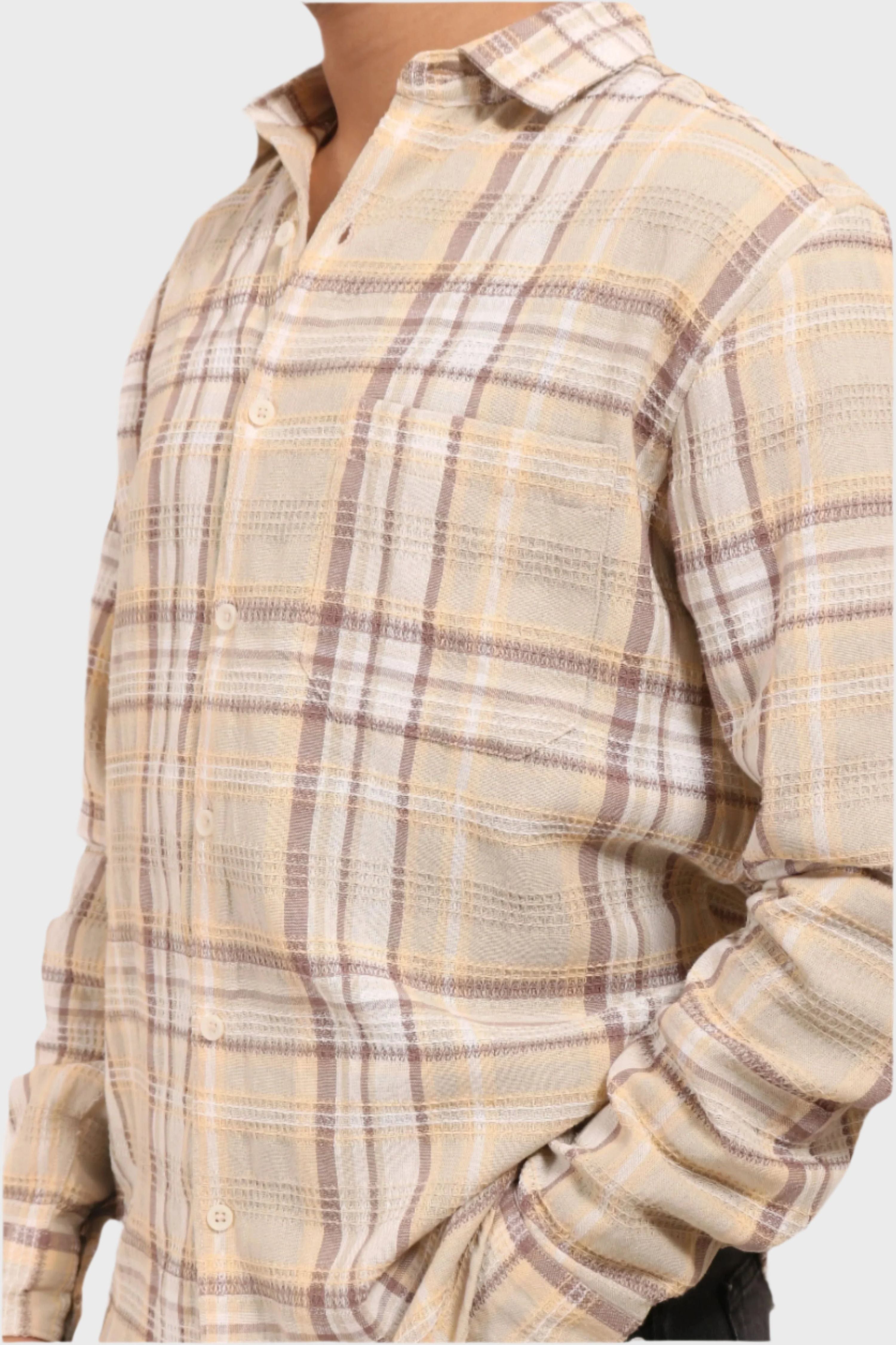 Xkind Mens'S Ochre Textured Checks Regular Fit Shirt | Grocsy
