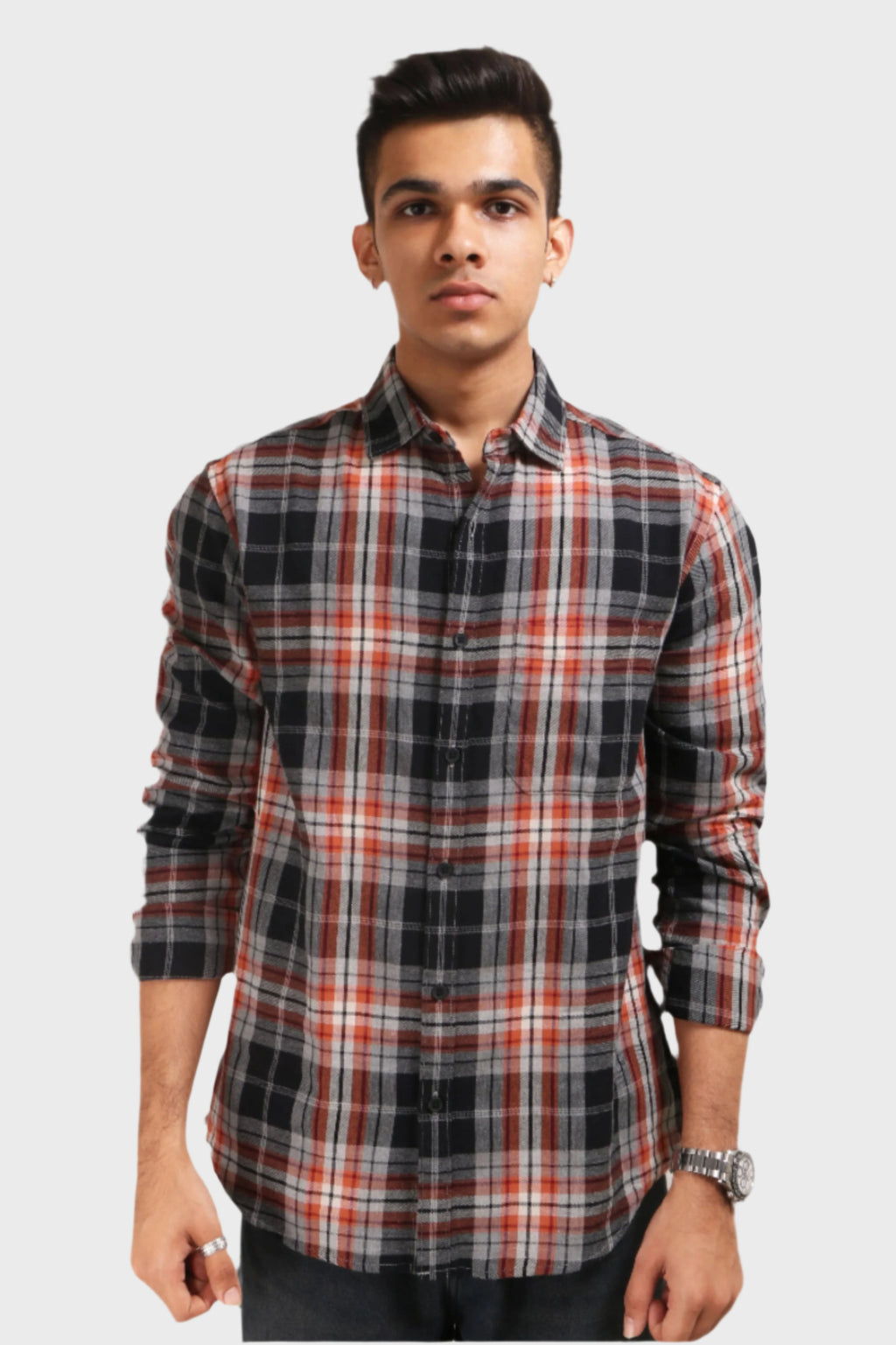 Xkind Orange Flannel Checks Regular Fit Shirt | Grocsy