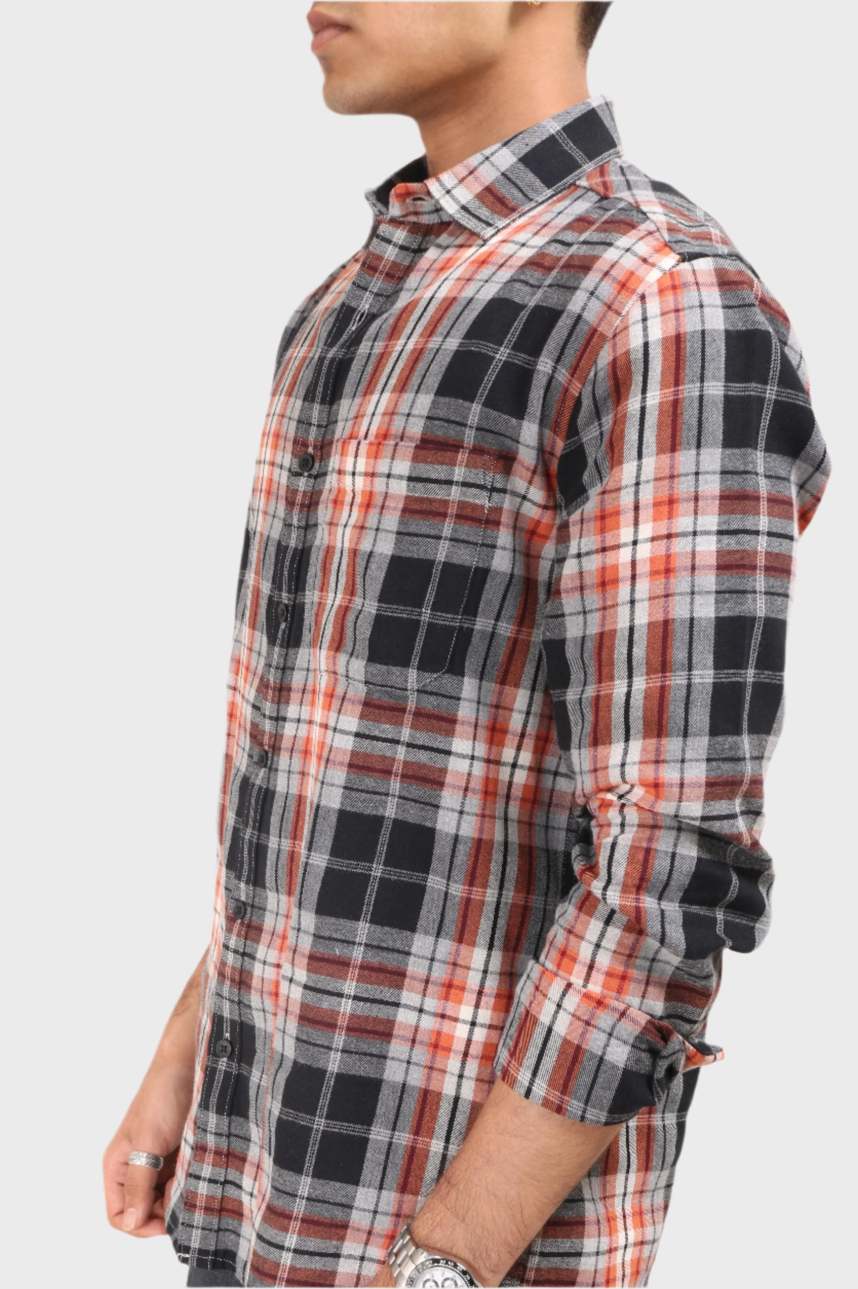 Xkind Orange Flannel Checks Regular Fit Shirt | Grocsy
