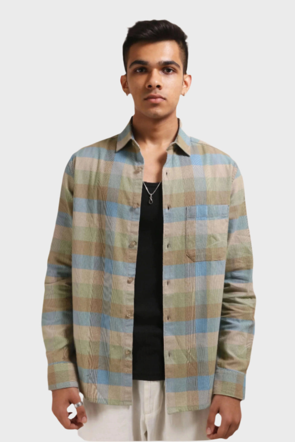 Xkind Light Green Corduroy Checks Regular Fit Shirt | Grocsy