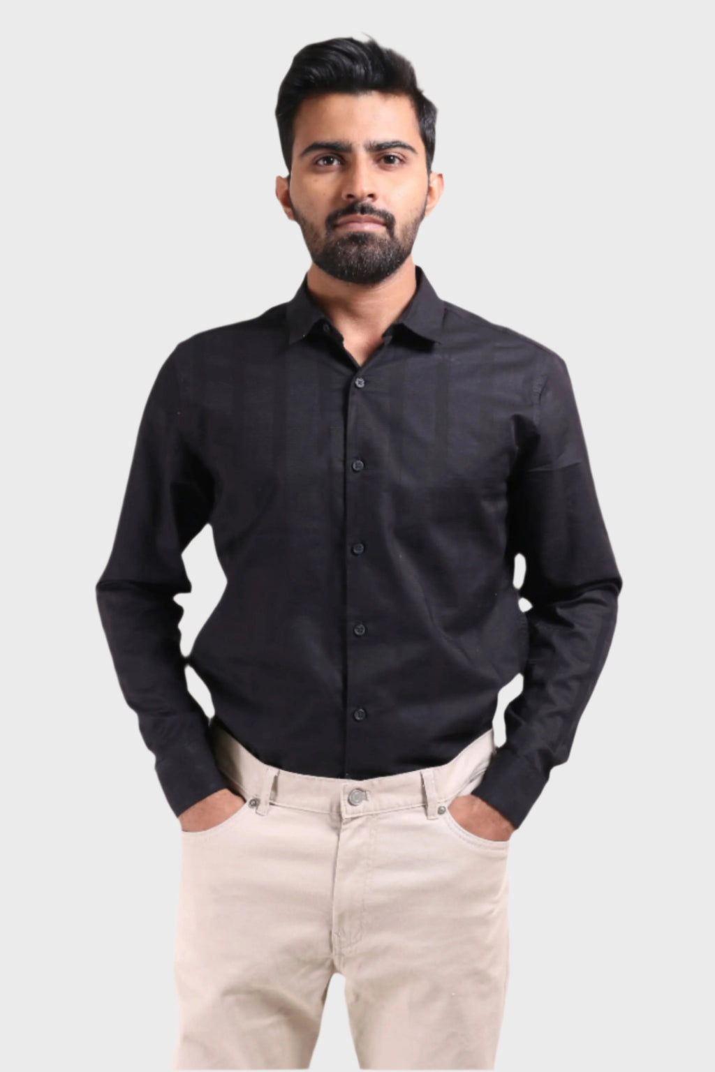 Xkind Men's Black Dobby Srtiped Slim Fit Formal Shirt | Grocsy