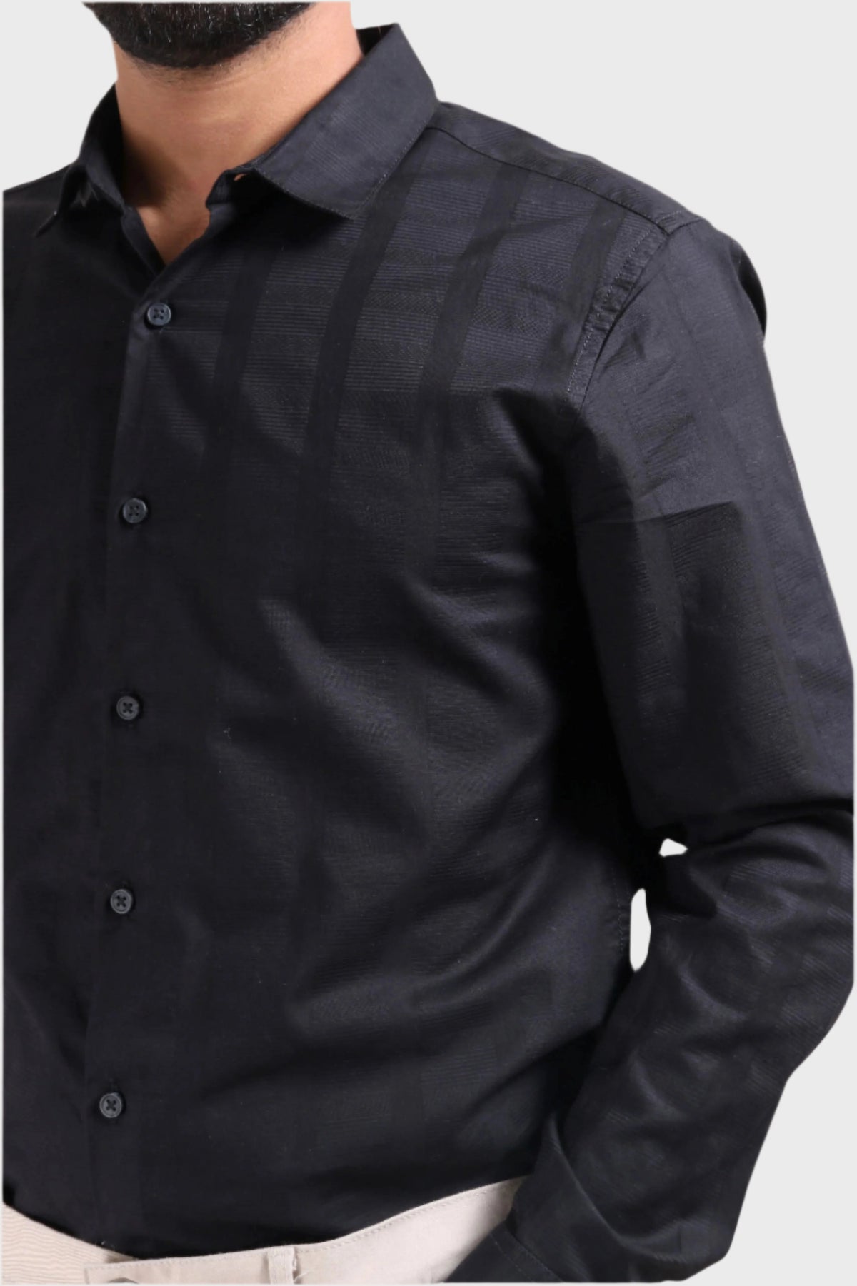 Xkind Men's Black Dobby Srtiped Slim Fit Formal Shirt | Grocsy