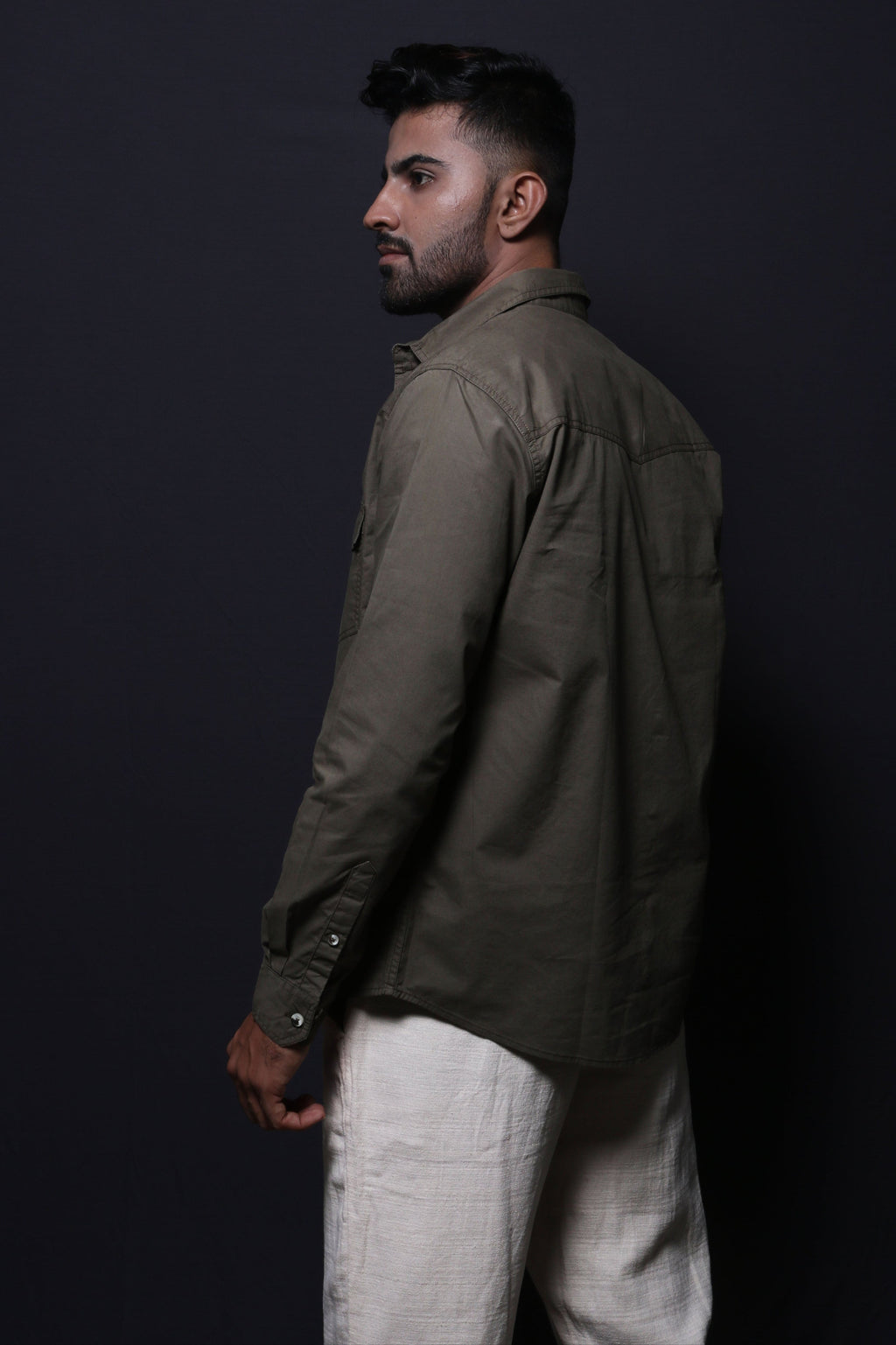 Jonesburg Olive Green Double Pocket Regular Fit Shirt | Grocsy
