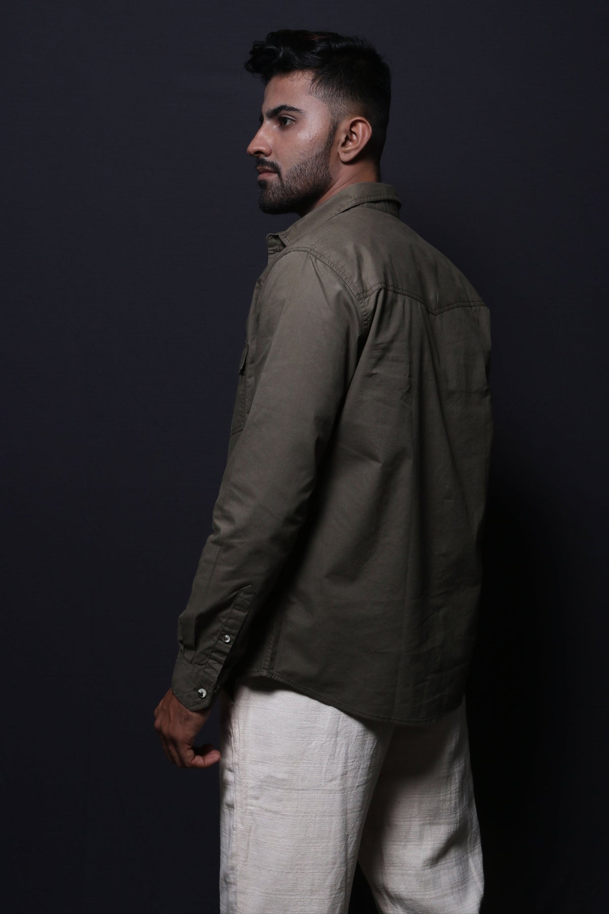 Jonesburg Olive Green Double Pocket Regular Fit Shirt | Grocsy