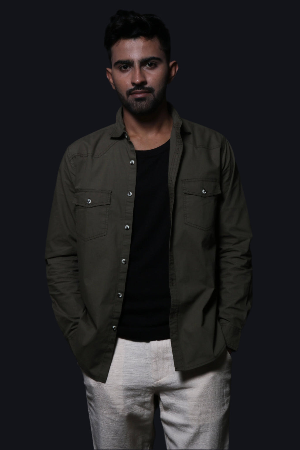 Jonesburg Olive Green Double Pocket Regular Fit Shirt | Grocsy