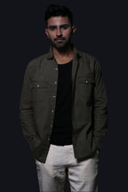 Jonesburg Olive Green Double Pocket Regular Fit Shirt | Grocsy