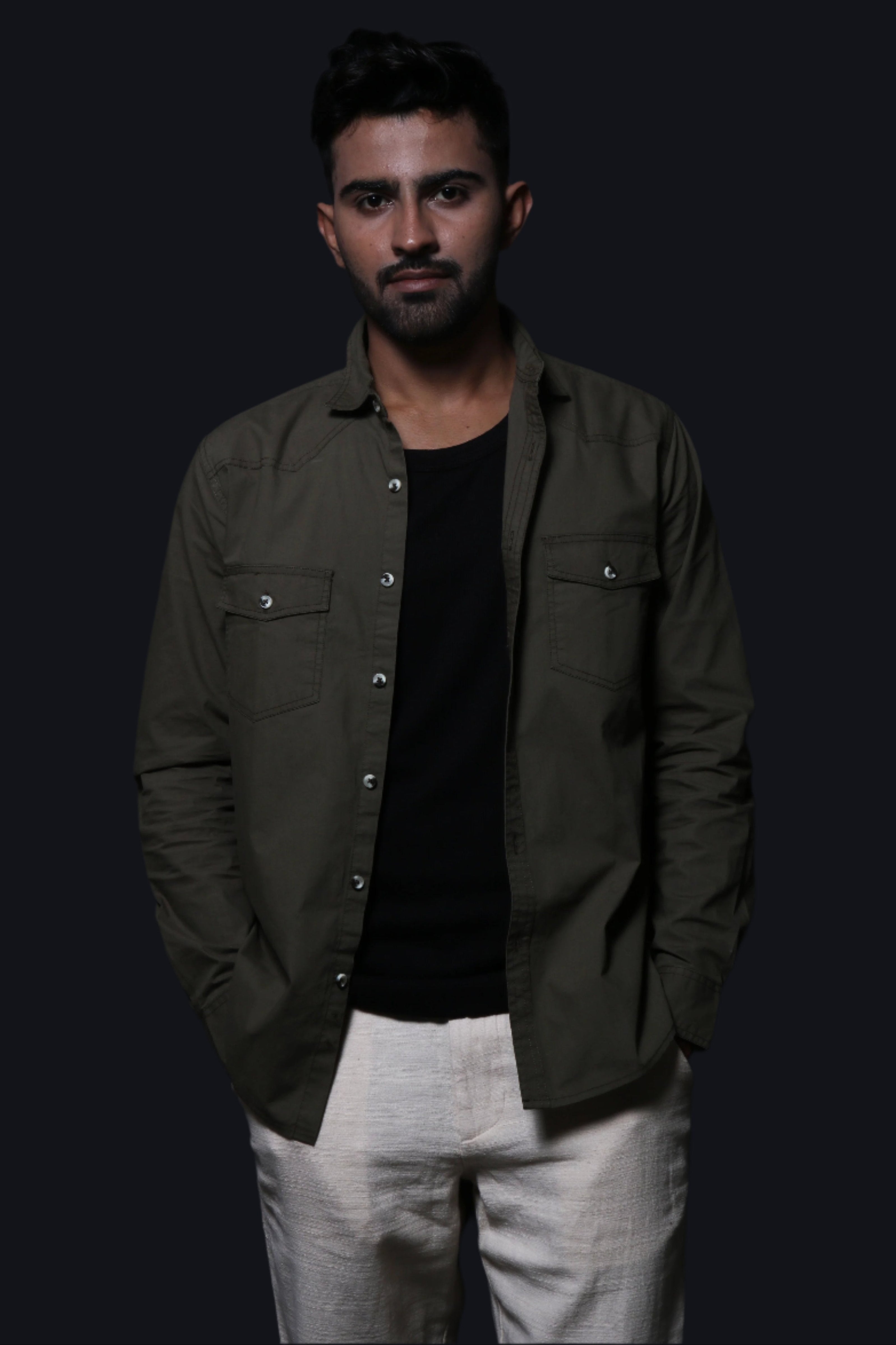 Jonesburg Olive Green Double Pocket Regular Fit Shirt | Grocsy