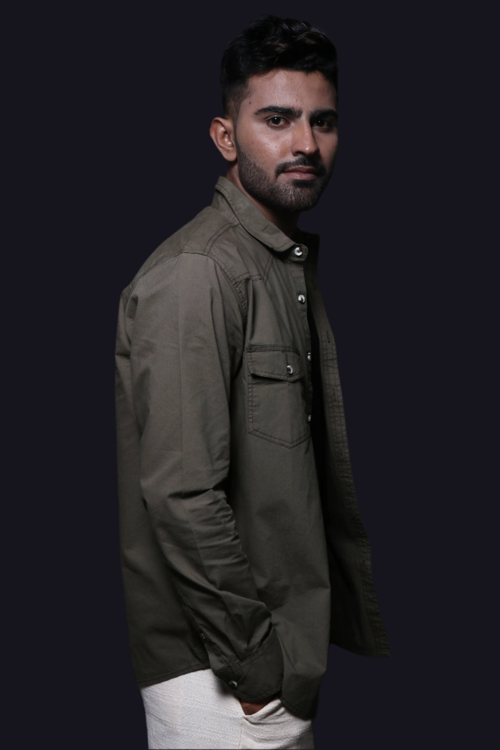 Jonesburg Olive Green Double Pocket Regular Fit Shirt | Grocsy