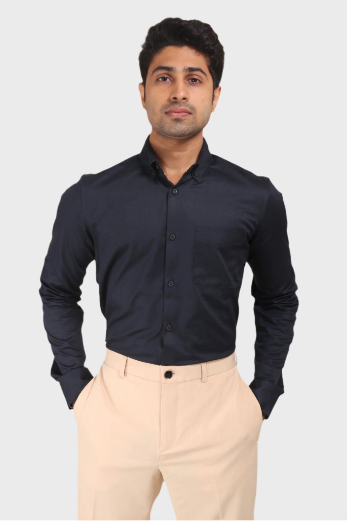 Jonesburg Navy Blue Satin Slub Slim Fit Shirt | Grocsy