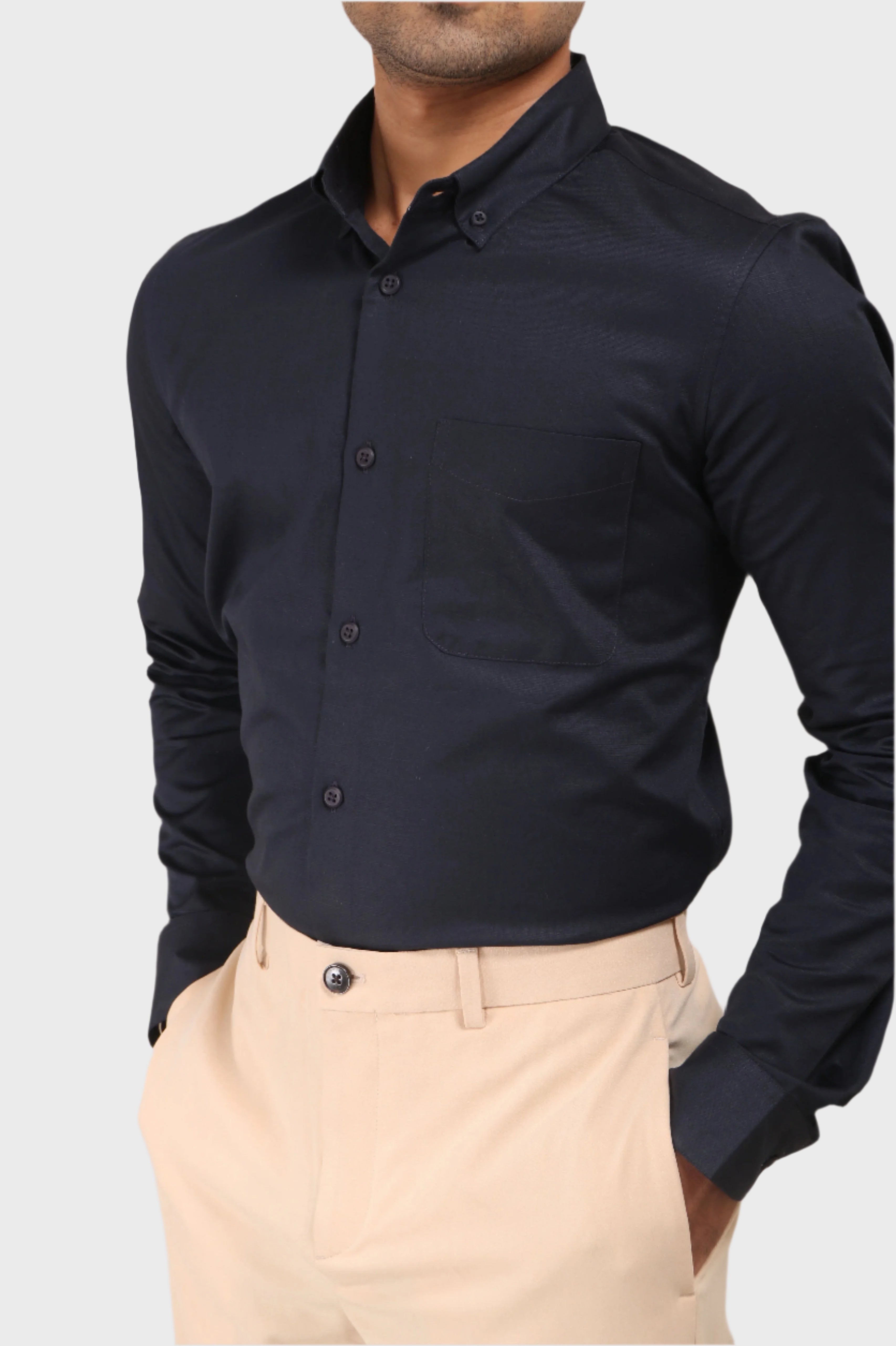 Jonesburg Navy Blue Satin Slub Slim Fit Shirt | Grocsy