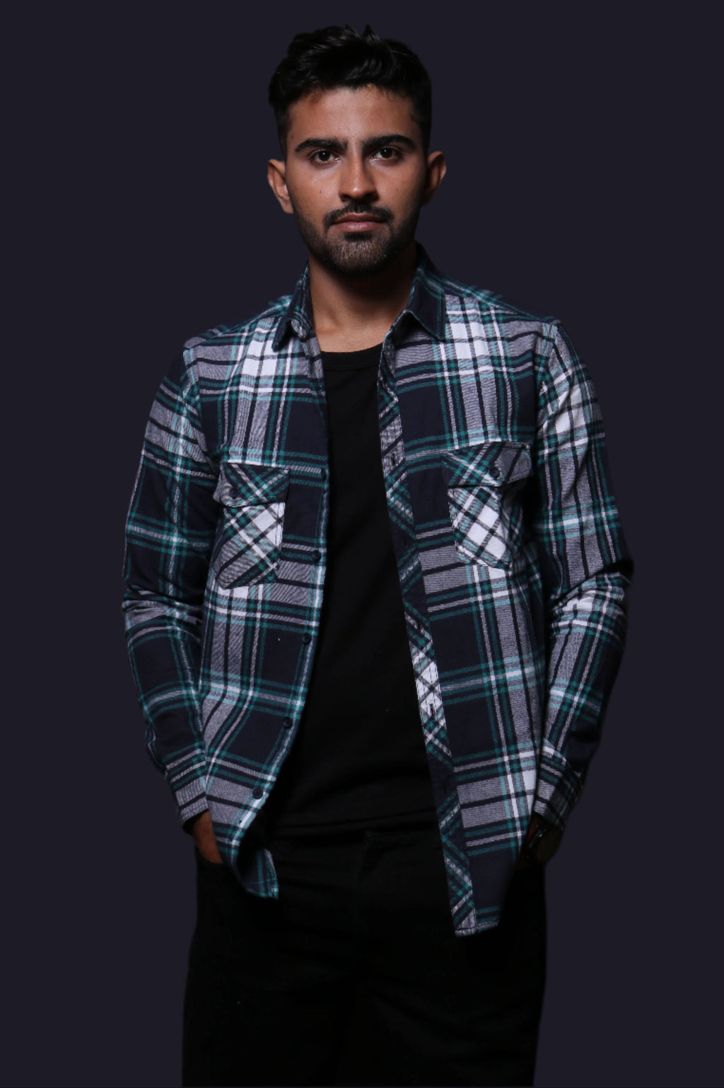 Jonesburg Navy Blue Flannel Checks Regular Fit Shirt | Grocsy